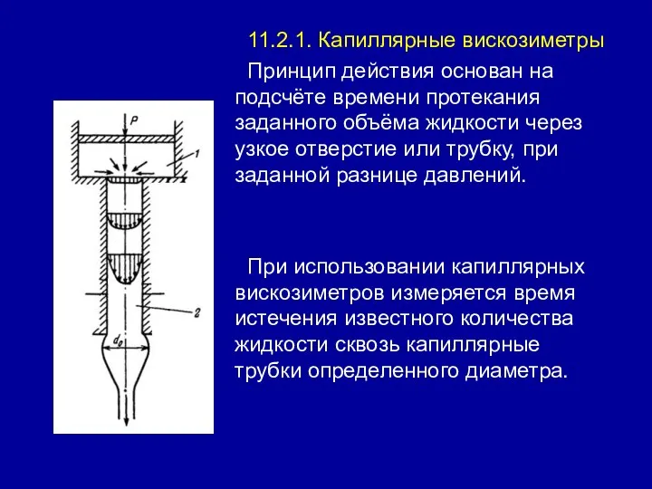 11.2.1. Капиллярные вискозиметры Принцип действия основан на подсчёте времени протекания заданного объёма