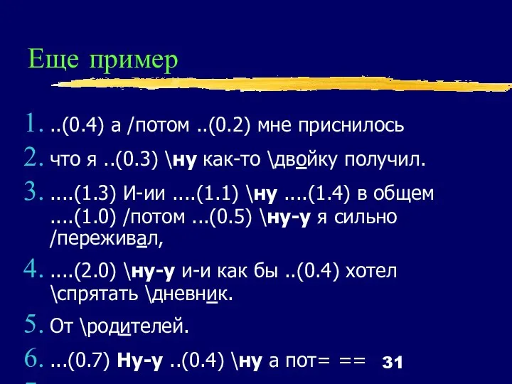 Еще пример ..(0.4) а /потом ..(0.2) мне приснилось что я ..(0.3) \ну