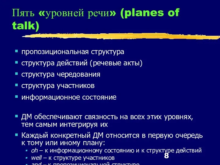 Пять «уровней речи» (planes of talk) пропозициональная структура структура действий (речевые акты)