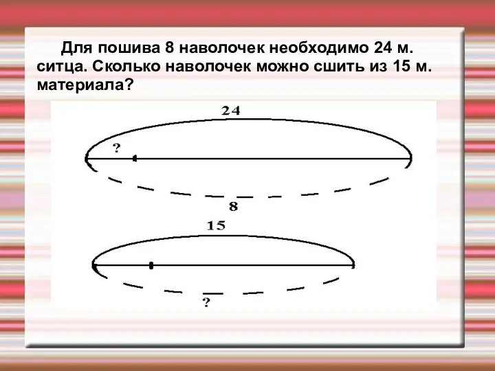 Для пошива 8 наволочек необходимо 24 м. ситца. Сколько наволочек можно сшить из 15 м. материала?