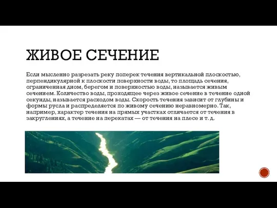 ЖИВОЕ СЕЧЕНИЕ Если мысленно разрезать реку поперек течения вертикальной плоскостью, перпендикулярной к