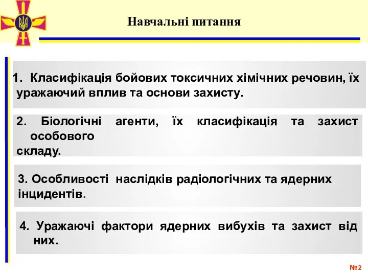 Навчальні питання Класифікація бойових токсичних хімічних речовин, їх уражаючий вплив та основи