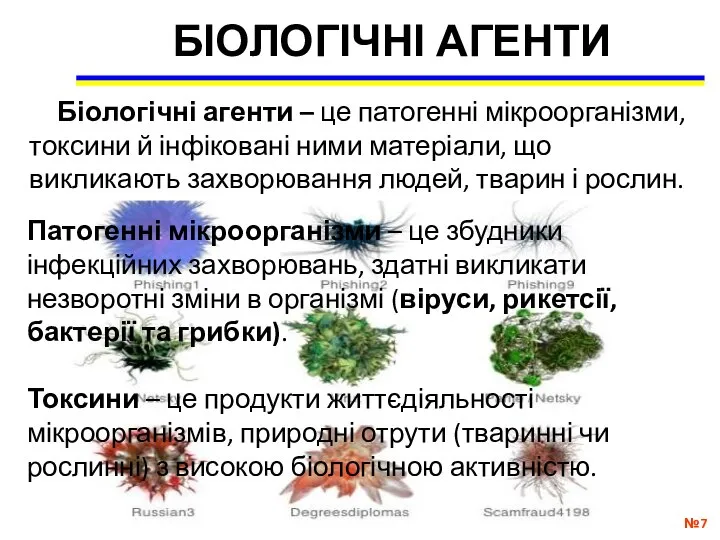 БІОЛОГІЧНІ АГЕНТИ № Біологічні агенти – це патогенні мікроорганізми, токсини й інфіковані