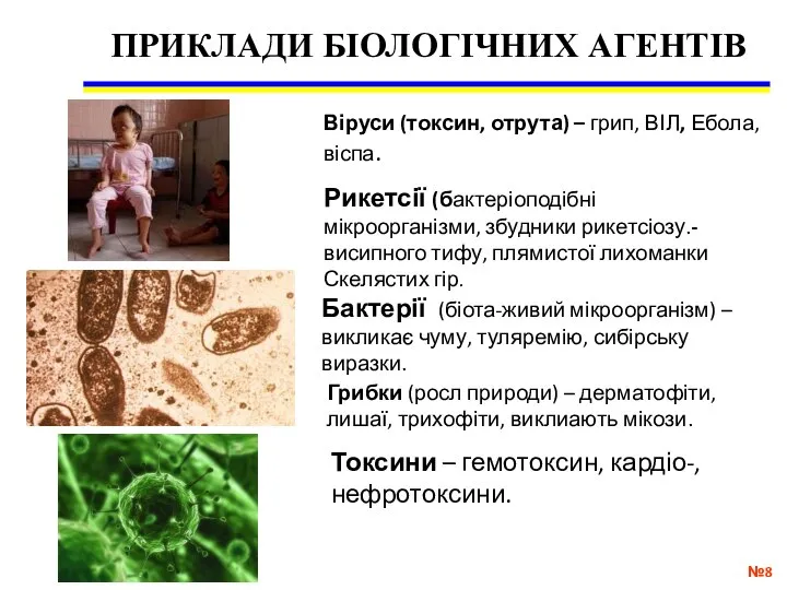 ПРИКЛАДИ БІОЛОГІЧНИХ АГЕНТІВ № Віруси (токсин, отрута) – грип, ВІЛ, Ебола, віспа.