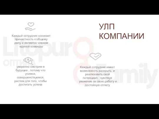 УЛП КОМПАНИИ Каждый сотрудник осознает причастность к общему делу и является членом