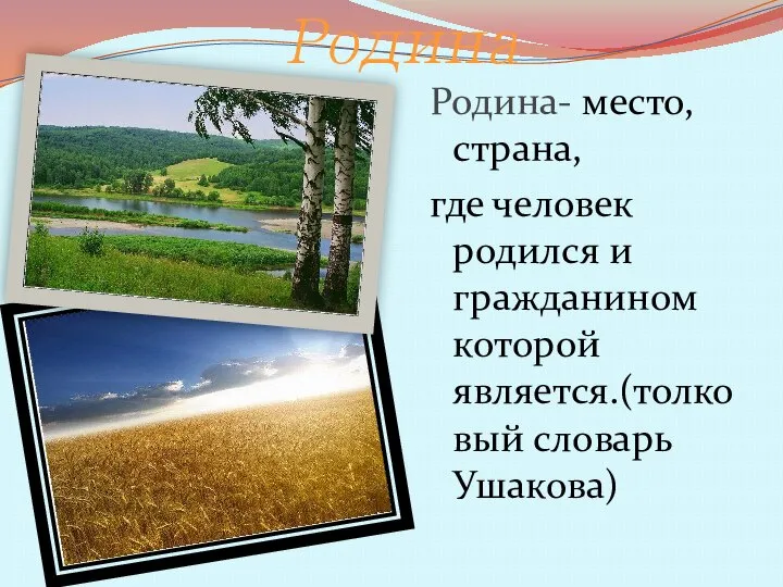 Родина Родина- место, страна, где человек родился и гражданином которой является.(толковый словарь Ушакова)