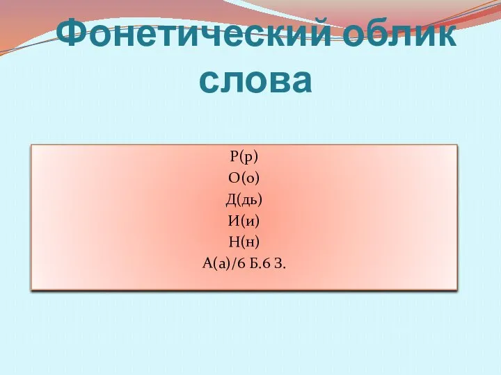 Фонетический облик слова Р(р) О(о) Д(дь) И(и) Н(н) А(а)/6 Б.6 З.