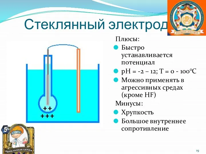 Стеклянный электрод Плюсы: Быстро устанавливается потенциал рН = -2 – 12; Т