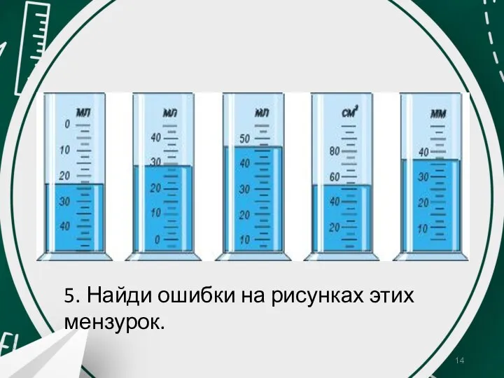 5. Найди ошибки на рисунках этих мензурок.