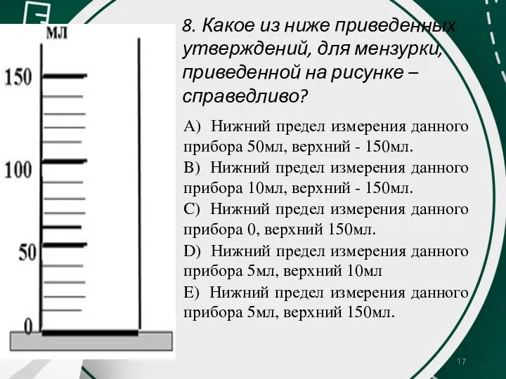 8. Какое из ниже приведенных утверждений, для мензурки, приведенной на рисунке – справедливо?