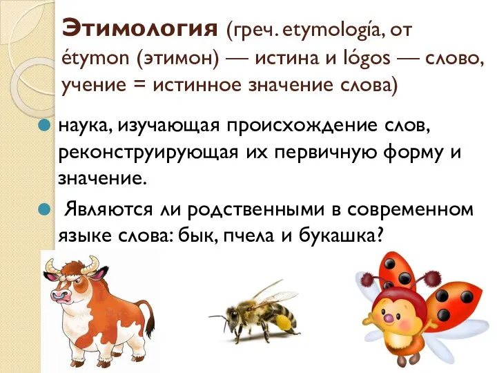 Этимология (греч. etymología, от étymon (этимон) — истина и lógos — слово,