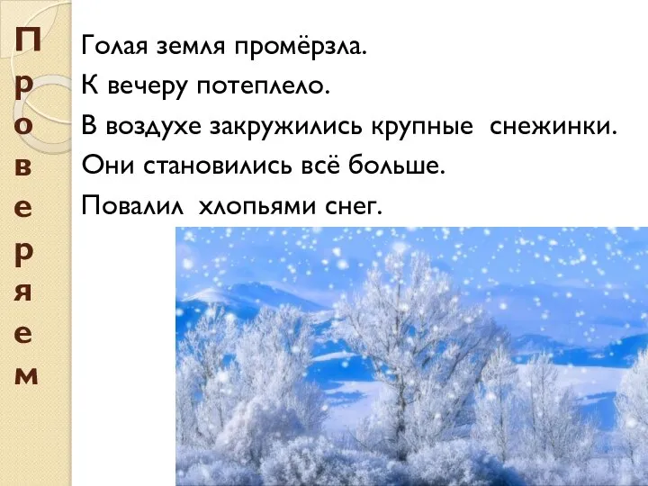 Проверяем Голая земля промёрзла. К вечеру потеплело. В воздухе закружились крупные снежинки.