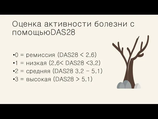 Оценка активности болезни с помощьюDAS28 0 = ремиссия (DAS28 1 = низкая