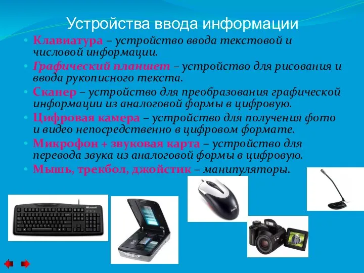 Устройства ввода информации Клавиатура – устройство ввода текстовой и числовой информации. Графический