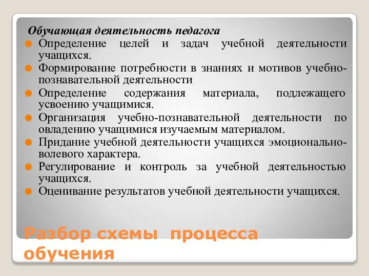 Разбор схемы процесса обучения Обучающая деятельность педагога Определение целей и задач учебной