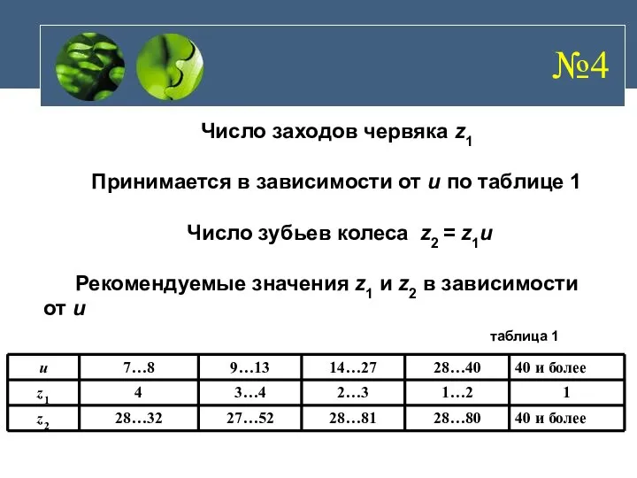 Число заходов червяка z1 Принимается в зависимости от u по таблице 1