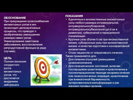 ОБОСНОВАНИЕ При прекращении кровоснабжения миоматозных узлов в них происходят дегенеративные процессы, что