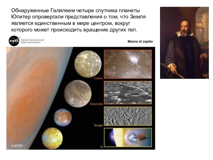 Обнаруженные Галилеем четыре спутника планеты Юпитер опровергали представления о том, что Земля