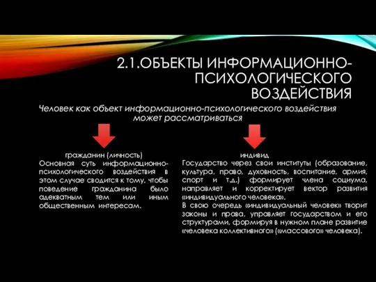 2.1.ОБЪЕКТЫ ИНФОРМАЦИОННО-ПСИХОЛОГИЧЕСКОГО ВОЗДЕЙСТВИЯ Человек как объект информационно-психологического воздействия может рассматриваться гражданин (личность)