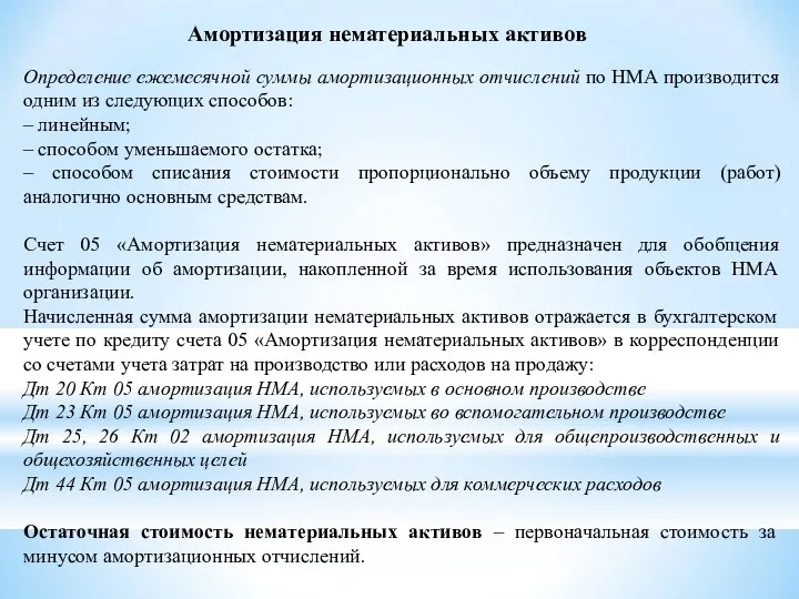 Амортизация нематериальных активов Определение ежемесячной суммы амортизационных отчислений по НМА производится одним