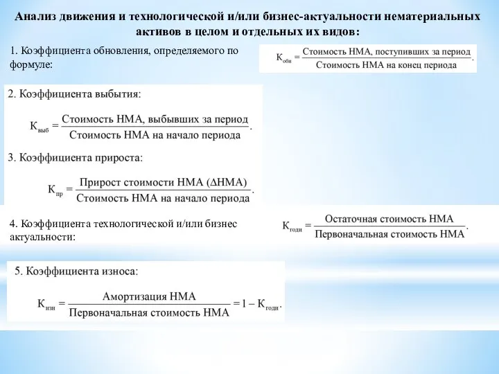 Анализ движения и технологической и/или бизнес-актуальности нематериальных активов в целом и отдельных