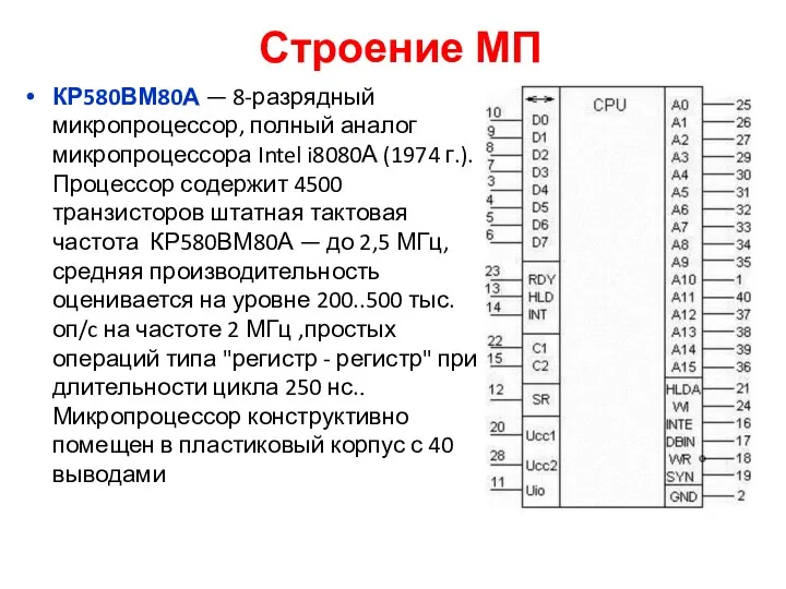 Строение МП КР580ВМ80А — 8-разрядный микропроцессор, полный аналог микропроцессора Intel i8080А (1974