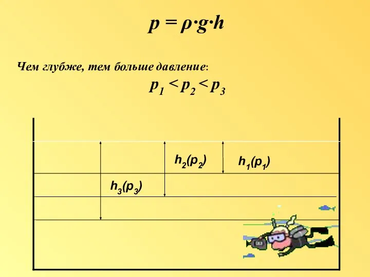 h3(p3) h1(p1) h2(p2) p = ρ·g·h Чем глубже, тем больше давление: p1