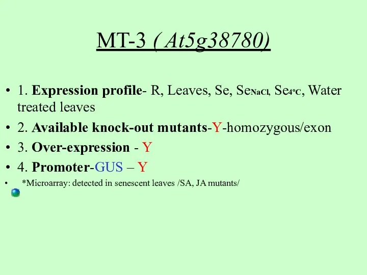 MT-3 ( At5g38780) 1. Expression profile- R, Leaves, Se, SeNaCl, Se4oC, Water