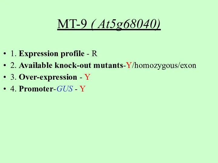 MT-9 ( At5g68040) 1. Expression profile - R 2. Available knock-out mutants-Y/homozygous/exon