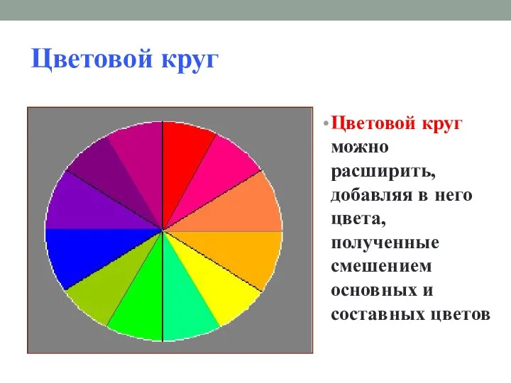 Цветовой круг Цветовой круг можно расширить, добавляя в него цвета, полученные смешением основных и составных цветов