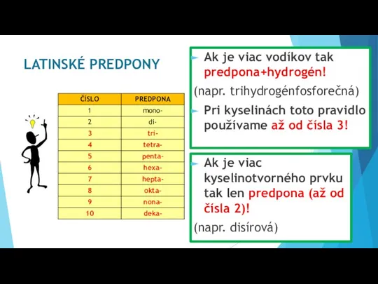 LATINSKÉ PREDPONY Ak je viac vodíkov tak predpona+hydrogén! (napr. trihydrogénfosforečná) Pri kyselinách