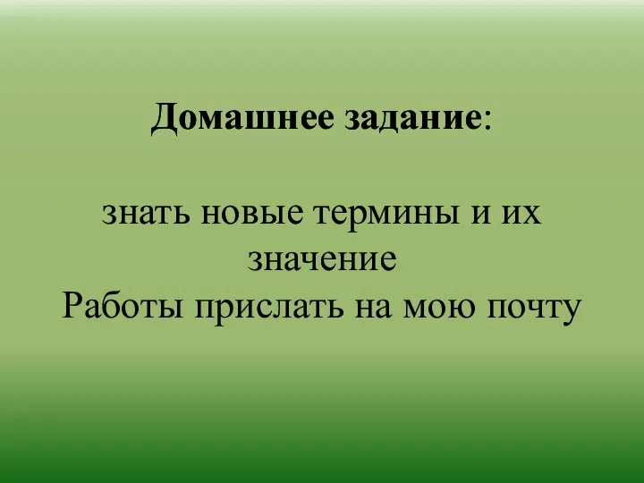 Домашнее задание: знать новые термины и их значение Работы прислать на мою почту