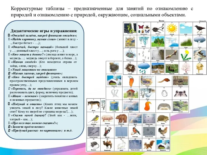 Корректурные таблицы – предназначенные для занятий по ознакомлению с природой и ознакомлению