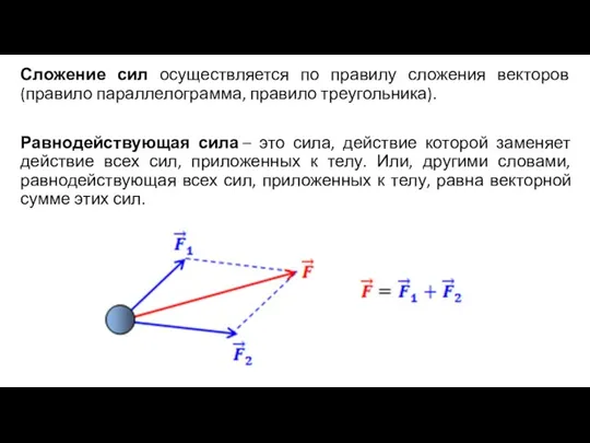 Сложение сил осуществляется по правилу сложения векторов (правило параллелограмма, правило треугольника). Равнодействующая