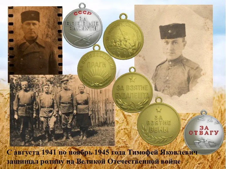 С августа 1941 по ноябрь 1945 года Тимофей Яковлевич защищал родину на Великой Отечественной войне