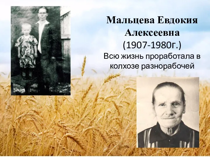 Мальцева Евдокия Алексеевна (1907-1980г.) Всю жизнь проработала в колхозе разнорабочей