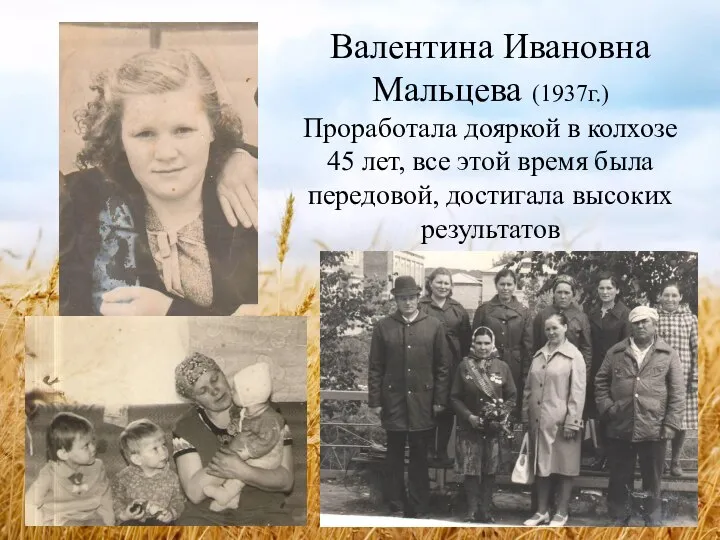 Валентина Ивановна Мальцева (1937г.) Проработала дояркой в колхозе 45 лет, все этой