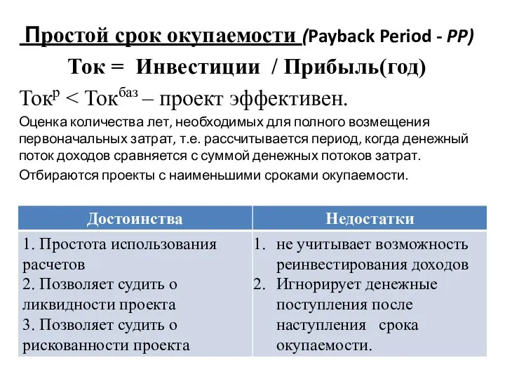 Простой срок окупаемости (Payback Period - PP) Ток = Инвестиции / Прибыль(год)