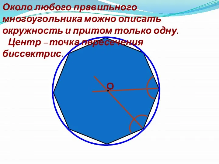 Около любого правильного многоугольника можно описать окружность и притом только одну. Центр