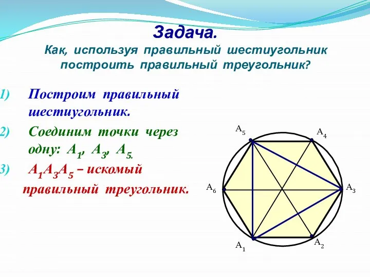 Задача. Как, используя правильный шестиугольник построить правильный треугольник? А1 А2 А3 А4
