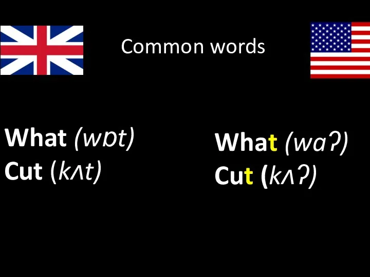 What (wɒt) Cut (kʌt) What (waʔ) Cut (kʌʔ) Common words