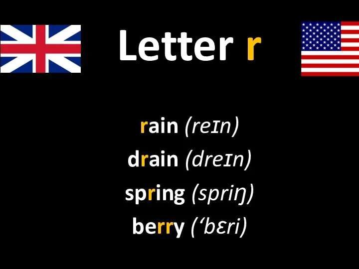 Letter r rain (reɪn) drain (dreɪn) spring (spriŋ) berry (‘bɛri)