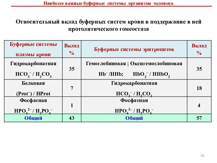 Наиболее важные буферные системы организма человека Относительный вклад буферных систем крови в