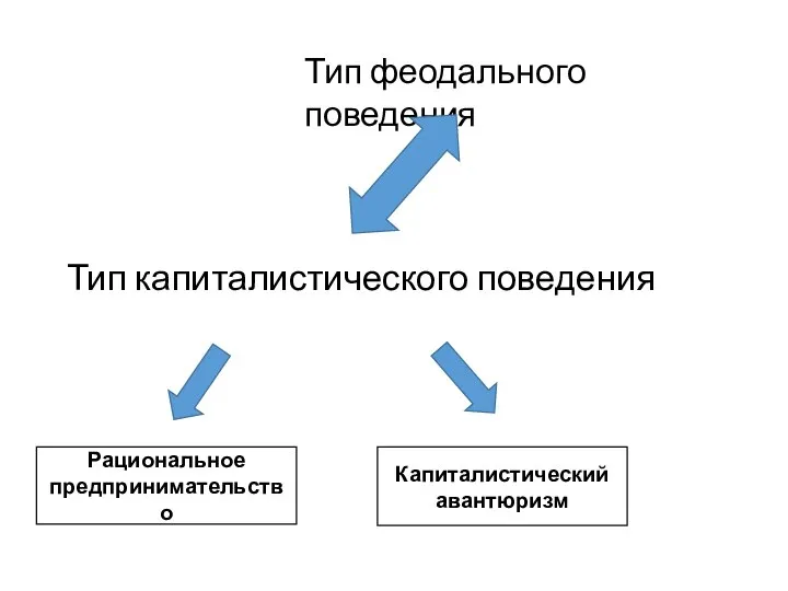 Тип капиталистического поведения Рациональное предпринимательство Капиталистический авантюризм Тип феодального поведения