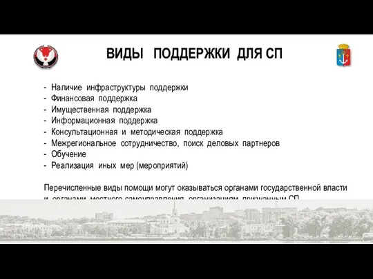 ВИДЫ ПОДДЕРЖКИ ДЛЯ СП - Наличие инфраструктуры поддержки - Финансовая поддержка -