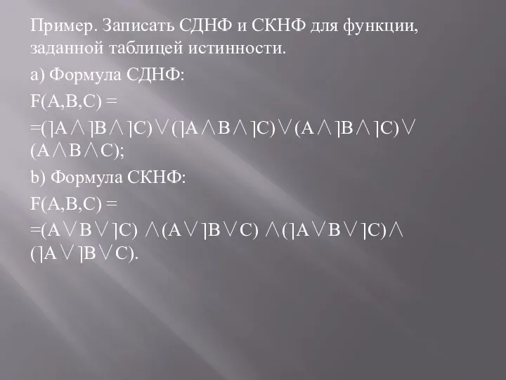 Пример. Записать СДНФ и СКНФ для функции, заданной таблицей истинности. a) Формула