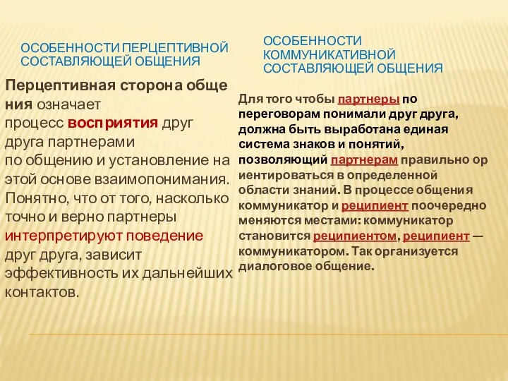 ОСОБЕННОСТИ ПЕРЦЕПТИВНОЙ СОСТАВЛЯЮЩЕЙ ОБЩЕНИЯ ОСОБЕННОСТИ КОММУНИКАТИВНОЙ СОСТАВЛЯЮЩЕЙ ОБЩЕНИЯ Перцептивная сторона общения означает