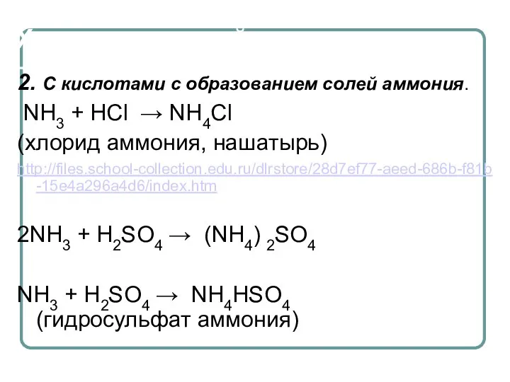 Химические свойства 2. С кислотами с образованием солей аммония. NH3 + HCl