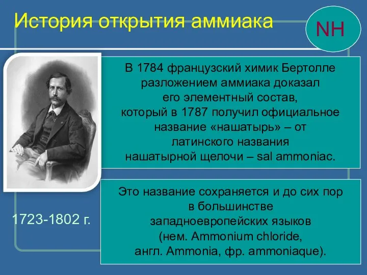 1723-1802 г. В 1784 французский химик Бертолле разложением аммиака доказал его элементный