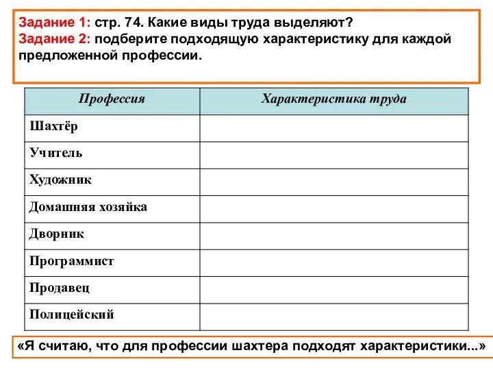 Задание 1: стр. 74. Какие виды труда выделяют? Задание 2: подберите подходящую